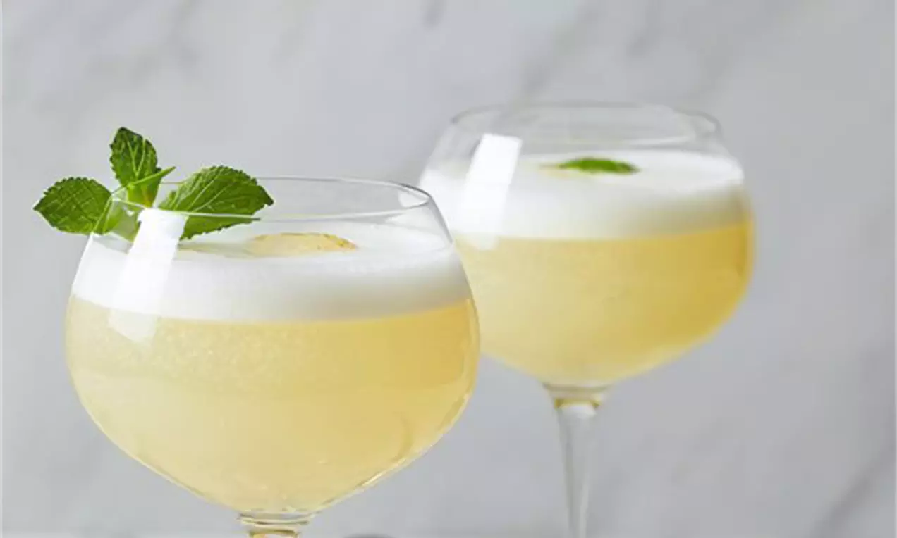 Picture - Two elegant stemmed glasses filled with pale golden elderflower fizz, topped with white foam and garnished with fresh mint leaves