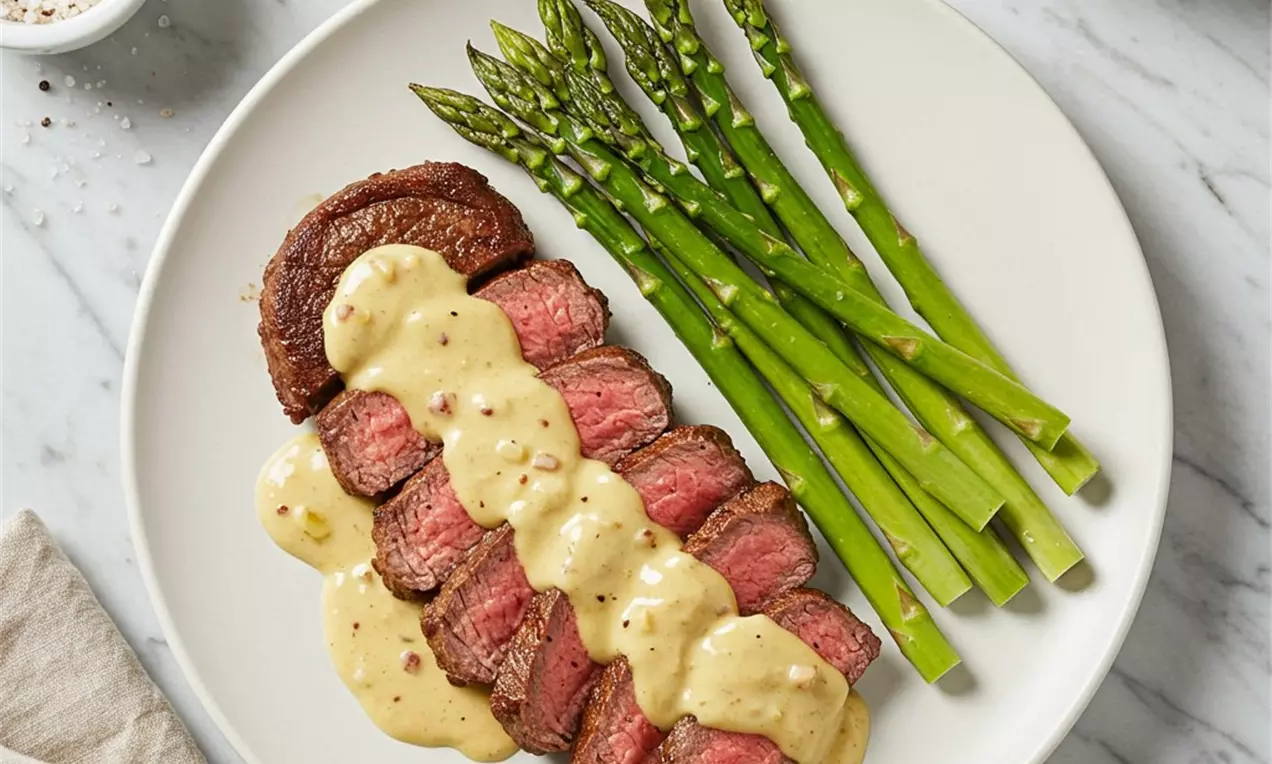 Picture - Steak with vanilla bacon sauce and Asparagus