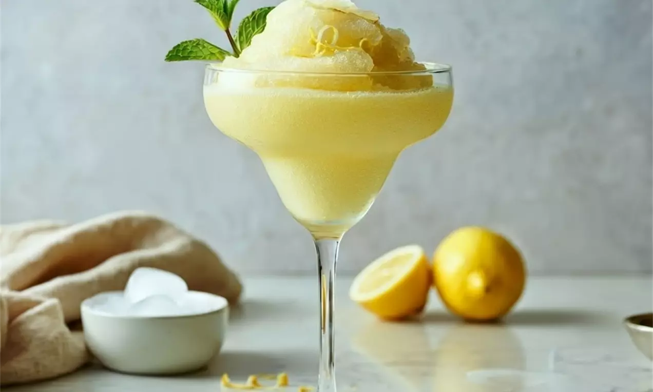 Picture - Pale yellow slushie with a frosty texture, garnished with lemon zest and green mint leaves in a broad-rimmed glass on a marble surface