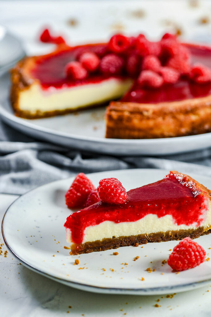 Delicious baked raspberry cheesecake.